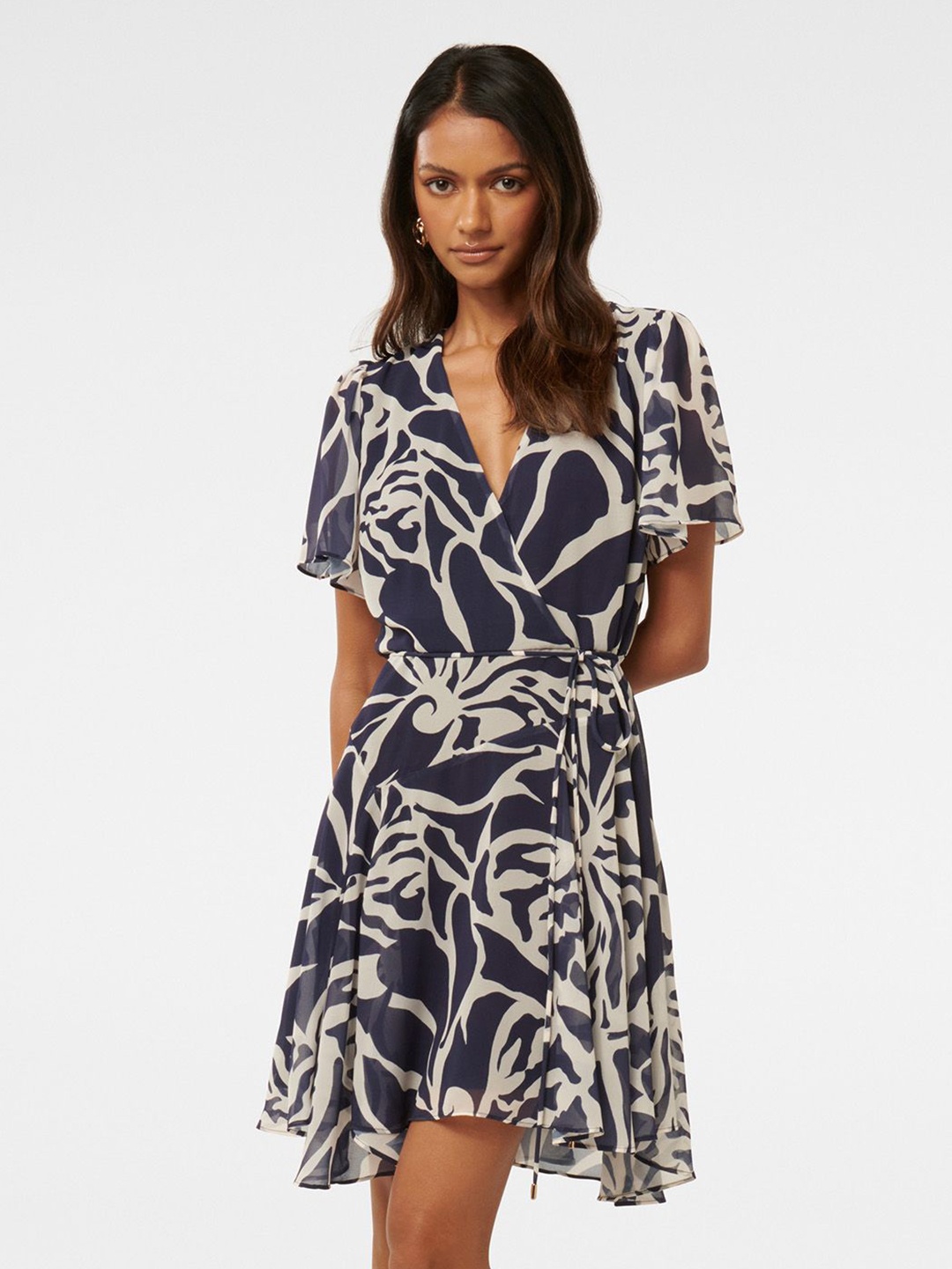 

Forever New Printed Flared Sleeve Wrap Dress, Navy blue