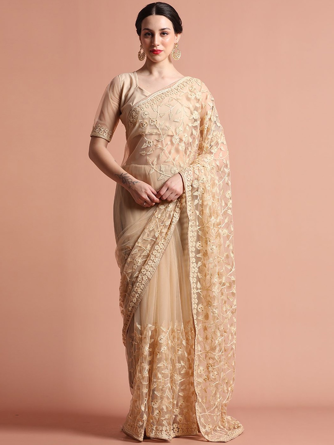

Jaipur Kurti Party Wear Floral Embroidered Net Saree, Beige