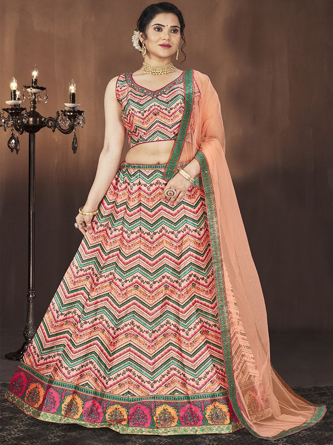 

Krimmple Printed Beads and Stones Ready to Wear Lehenga & Blouse With Dupatta, Peach