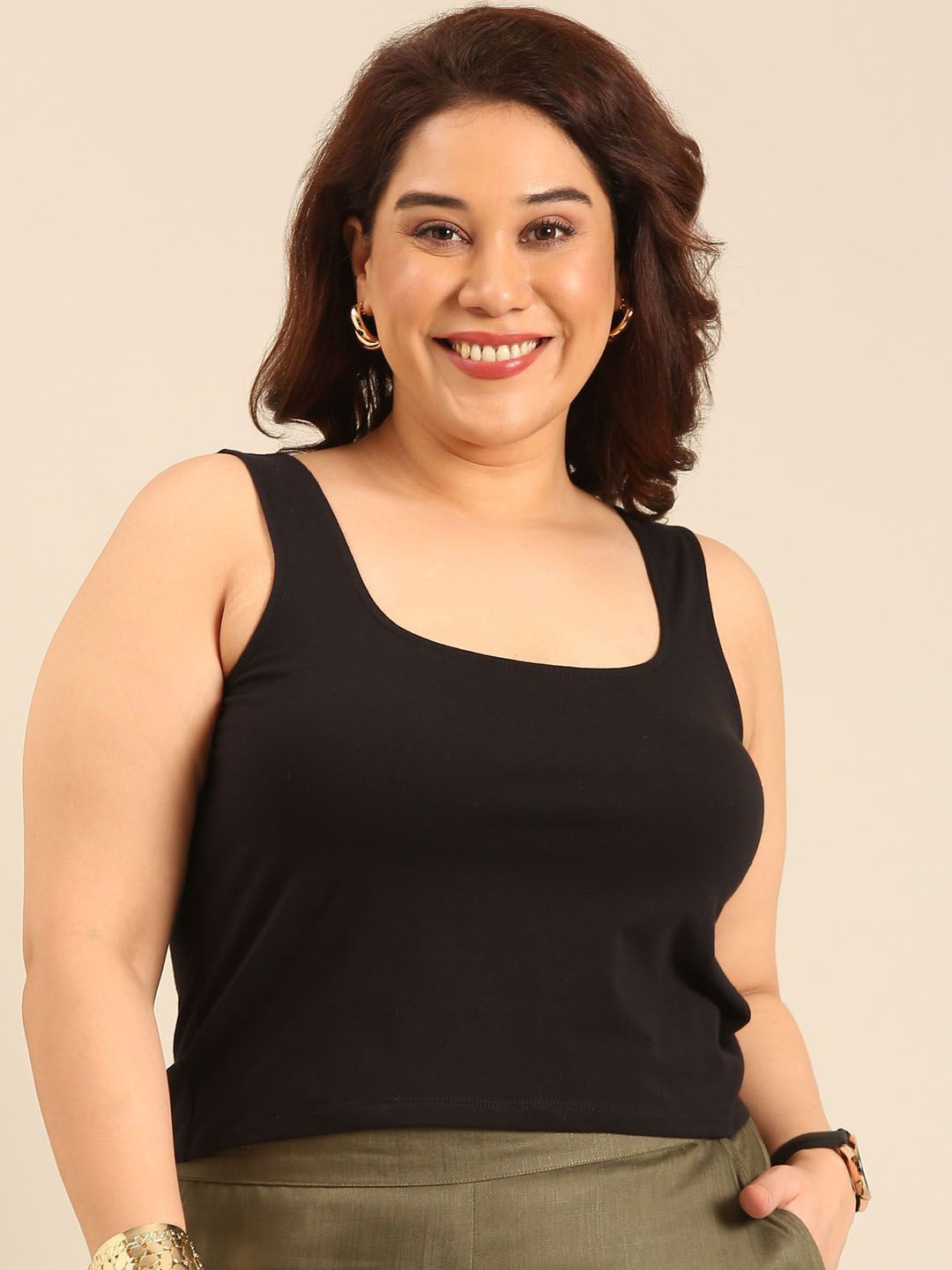 

The Pink Moon Solid Cotton Tank Plus Size Crop Top, Black