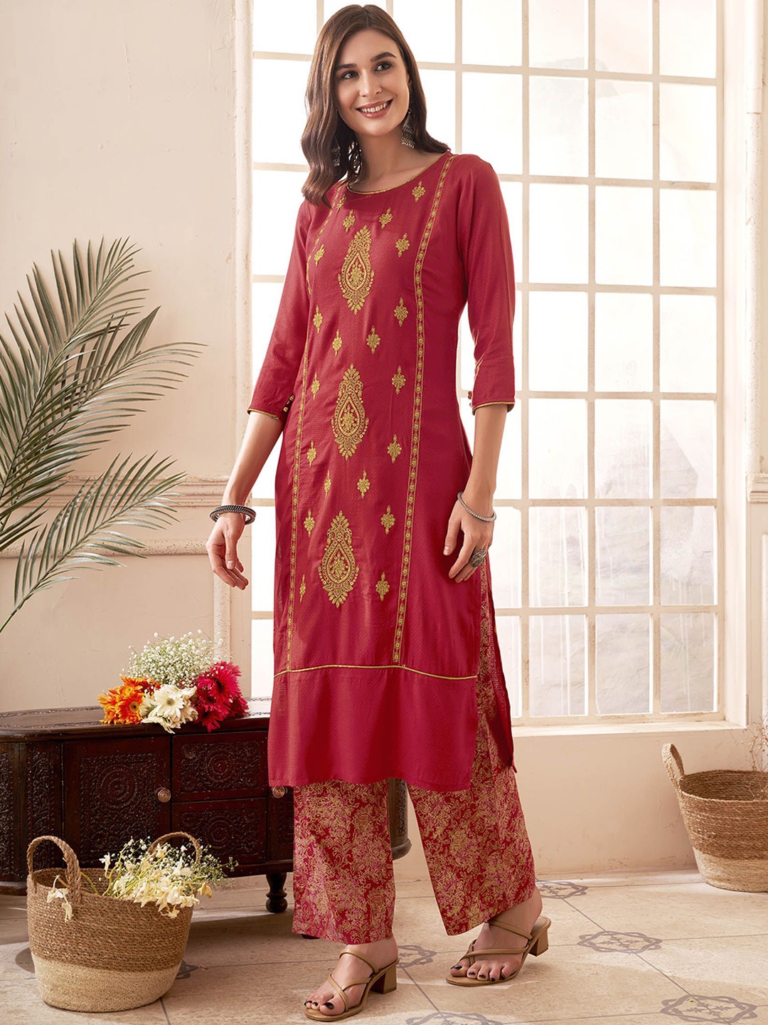 

Anouk Red Ethnic Motifs Embroidered Straight Kurta With Palazzo