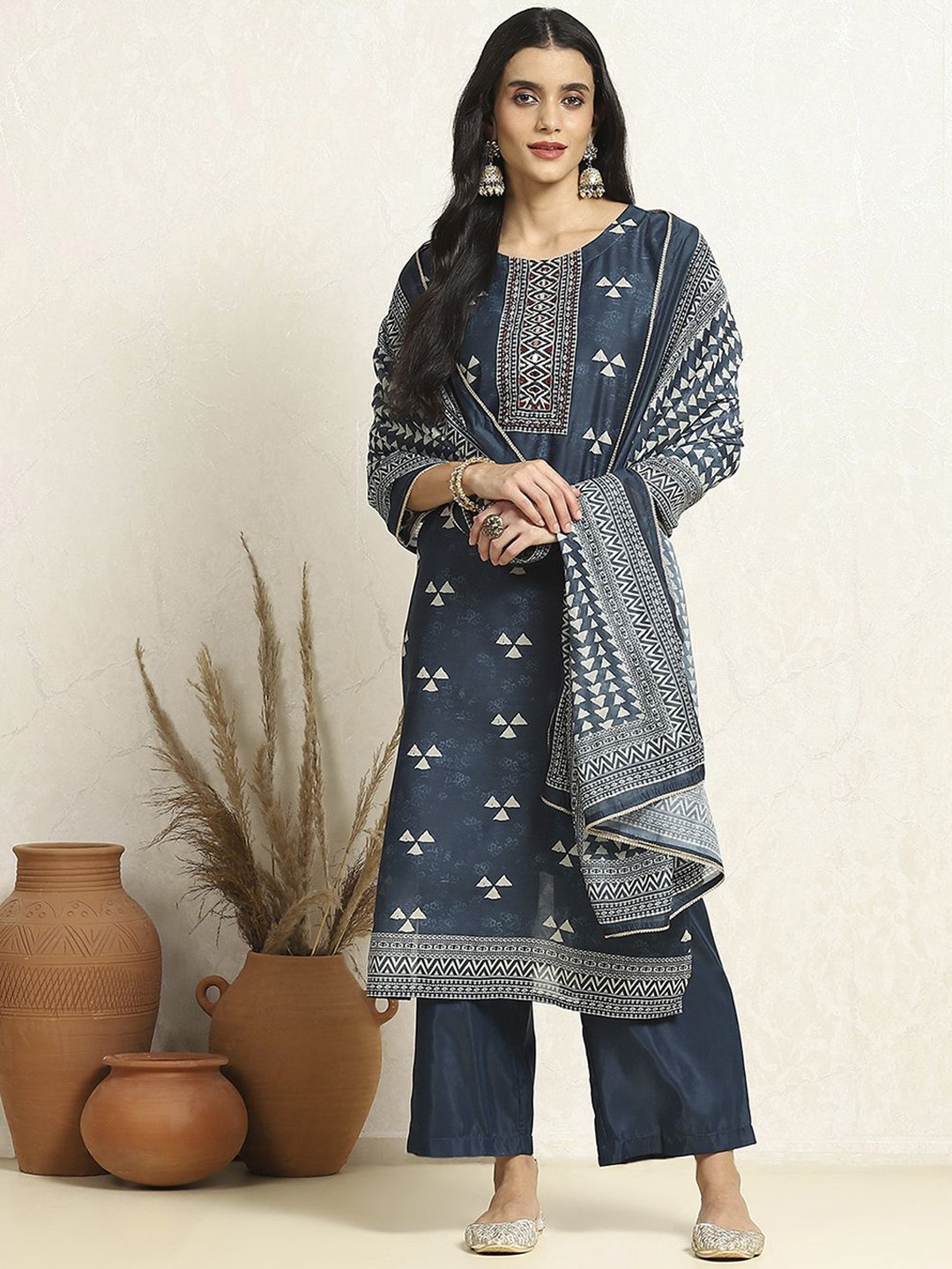 

Biba Geometric Printed Mirror Work Unstitched Dress Material, Blue