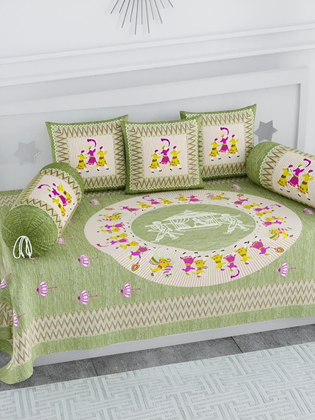 

LIVING ROOTS Green & Pink 8 Pieces Ethnic Motifs Printed Cotton Diwan Set