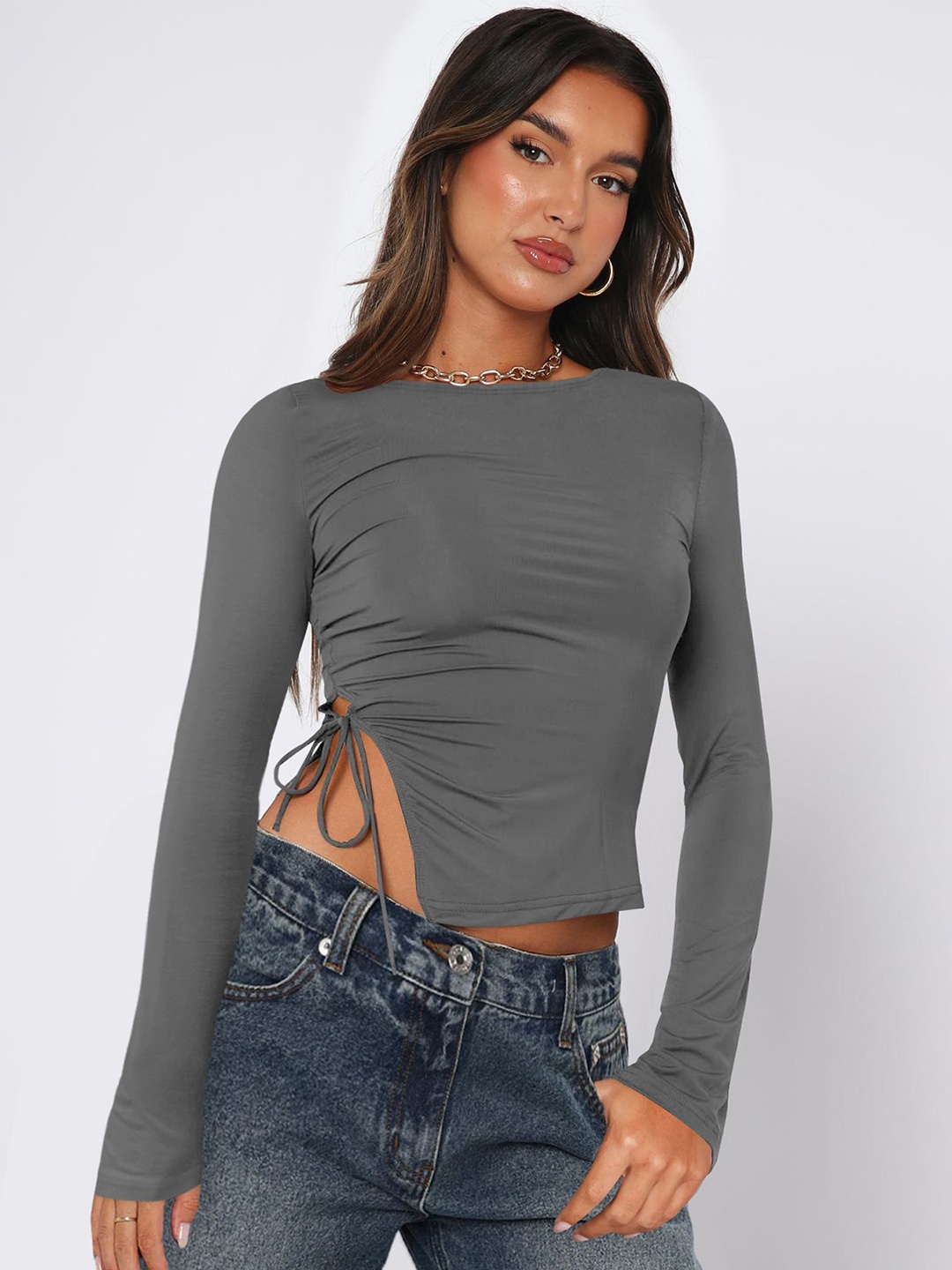 

StyleCast x Revolte Women Solid Boat Neck Top, Grey