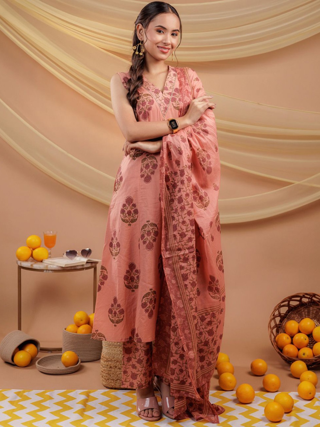 

Yufta Peach-Coloured Floral Printed V-Neck Pure Cotton Kurta With Trousers & Dupatta