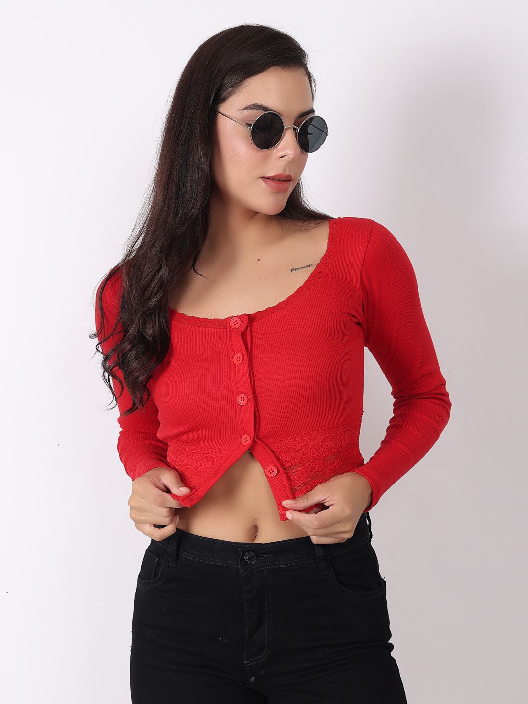 

SIGHTBOMB Women Cherry Red Floral Lace Detail Cotton Crop Top