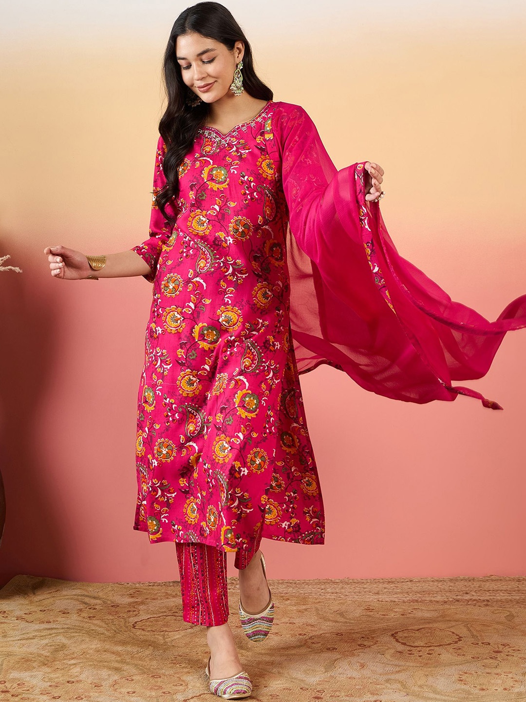 

KALINI Women Floral Printed Regular Thread Work Kurta with Palazzos & With Dupatta, Pink