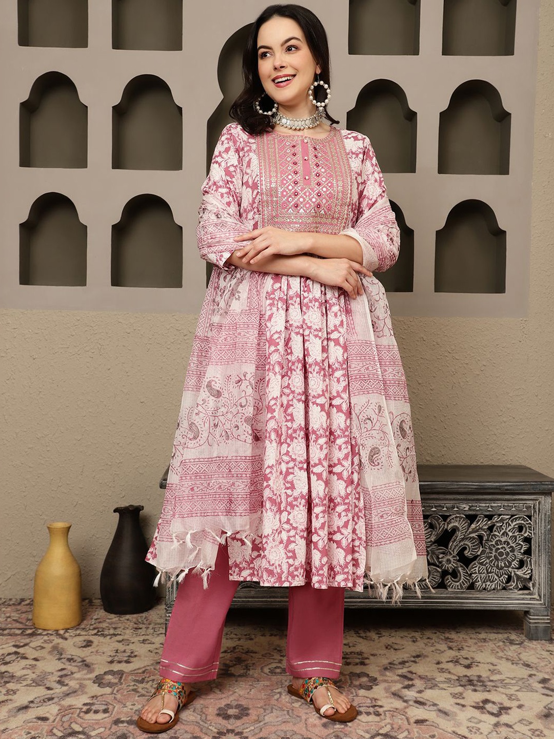 

BANDIA Floral Printed Sequinned Pure Cotton Straight Kurta with Trousers & Dupatta, Mauve