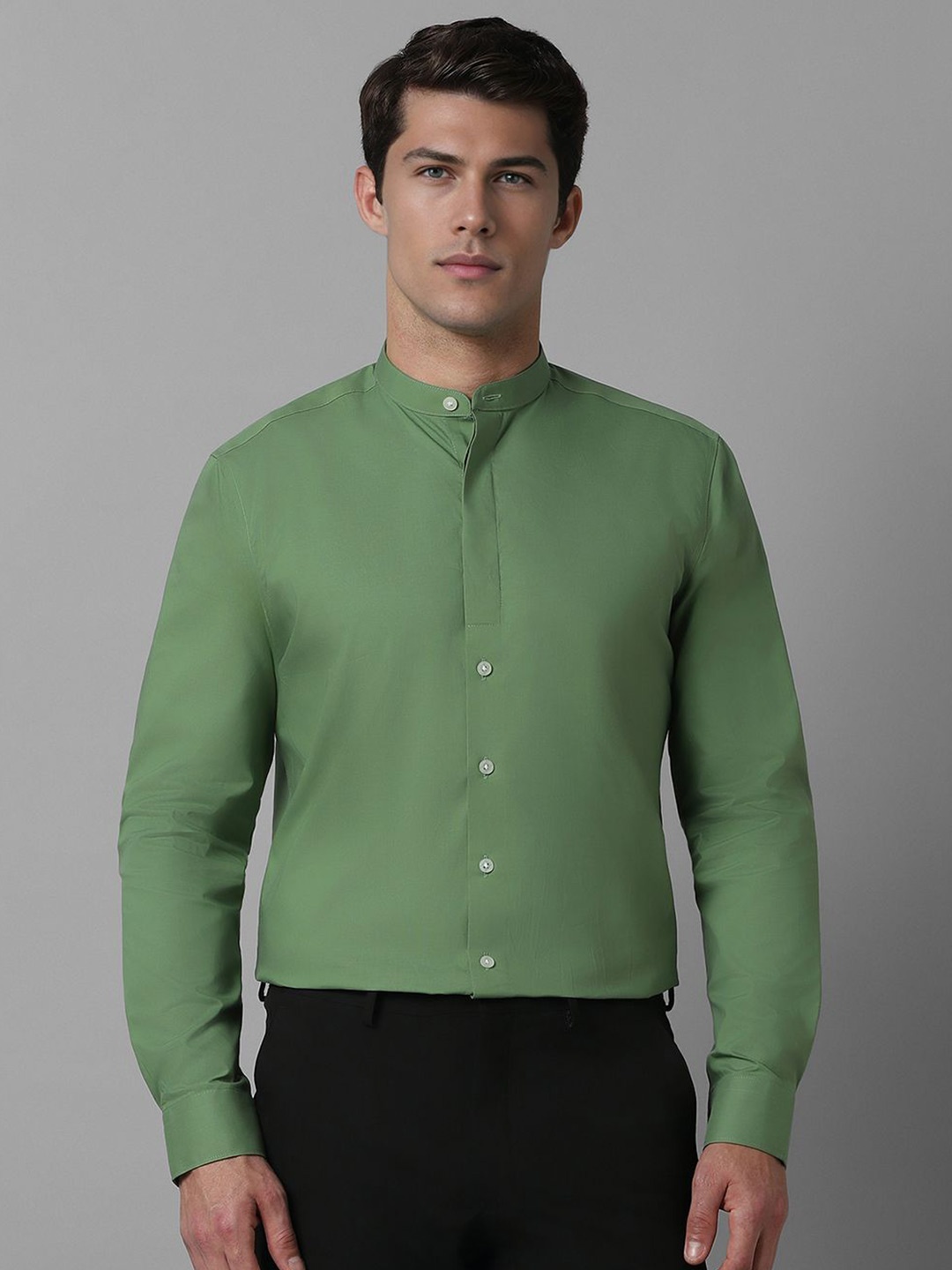 

Louis Philippe Men Band Collar Solid Cotton Slim Fit Formal Shirt, Olive