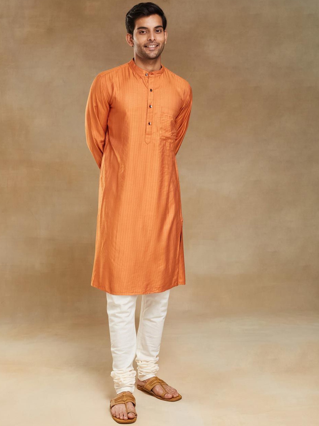 

Fabindia Striped Band Collar Slim Fit Straight Kurta, Orange