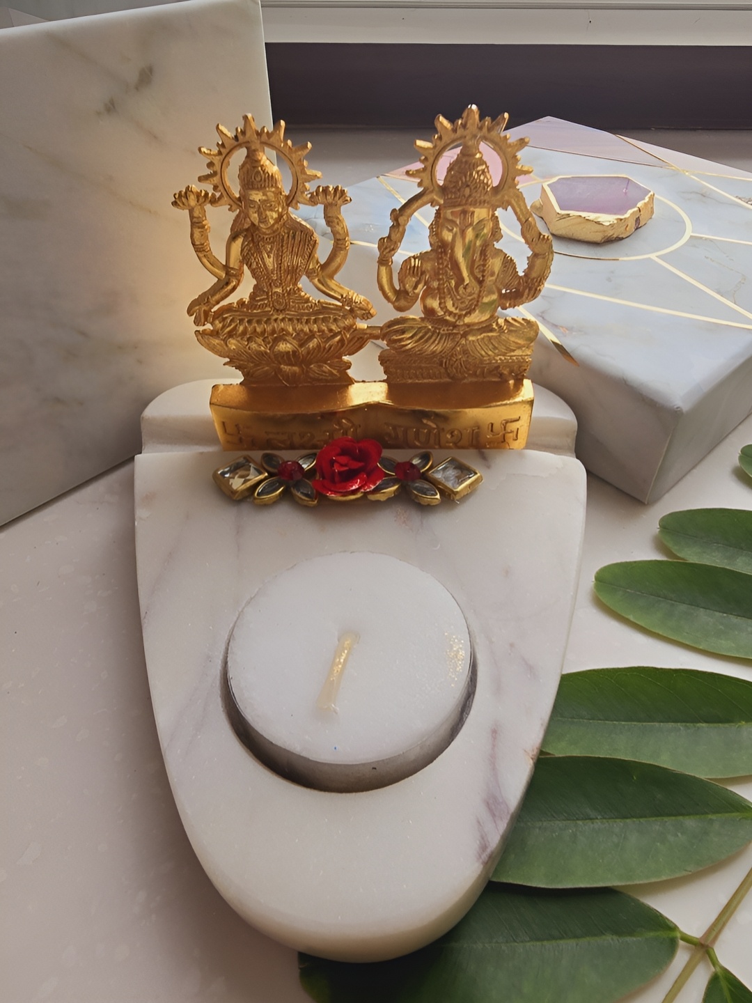 

HOMEARTE GoldToned Laxmi Ganesha with marble base Tea light Religious Candle Holder, Gold