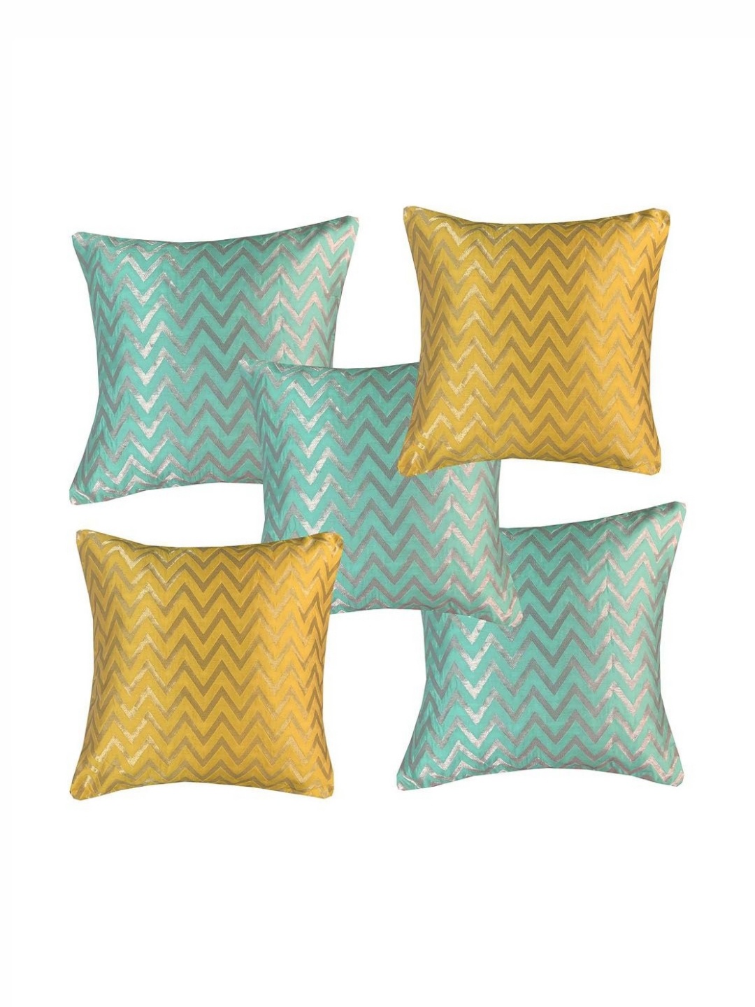 

Pink Parrot Blue & Yellow 5 Pieces Jacquard Silk Geometric Square Cushion Covers