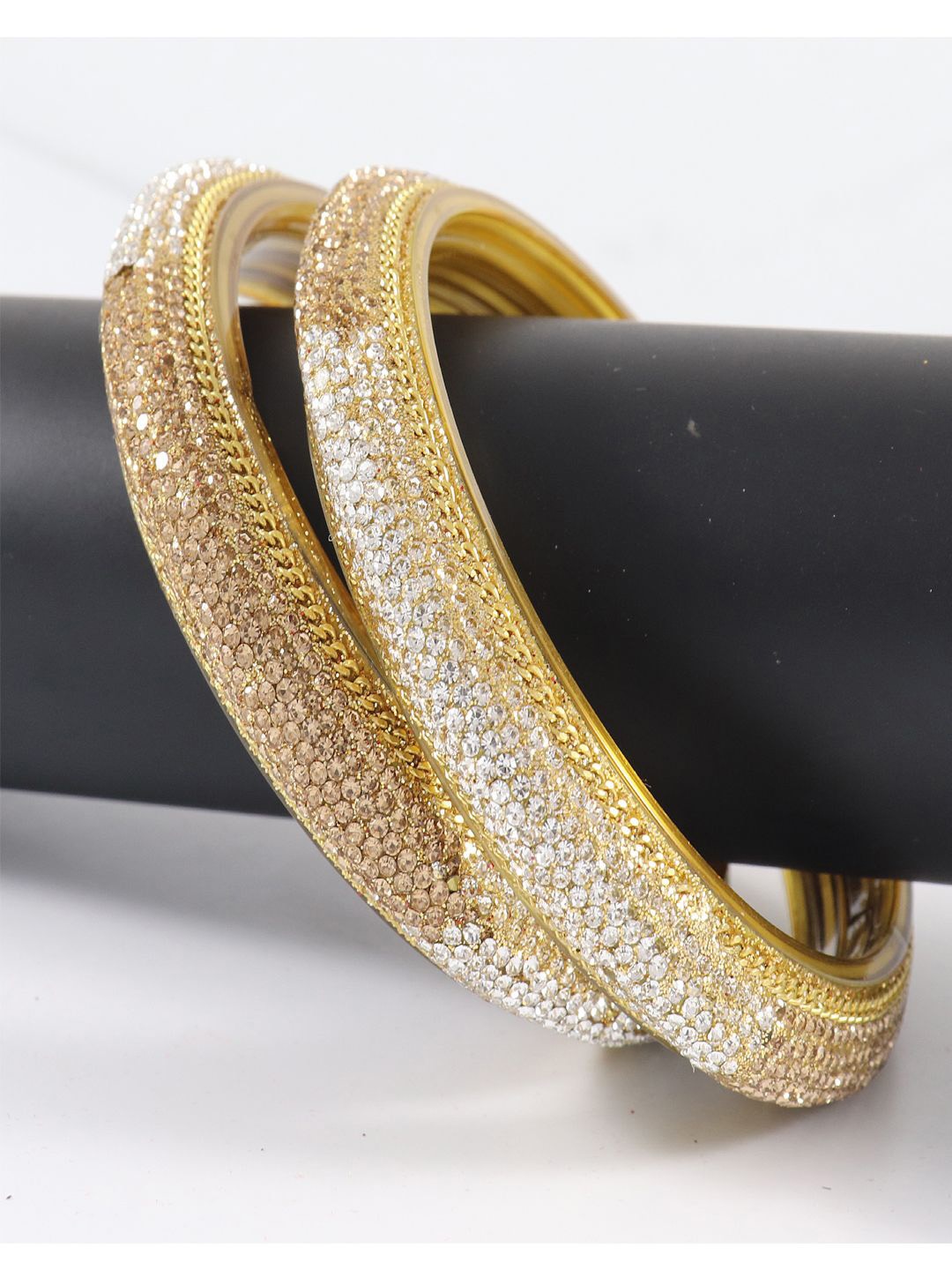 

ZULKA Set Of 2 Zircon Gemstone Studded Linked Kada Glass Bangles, Gold