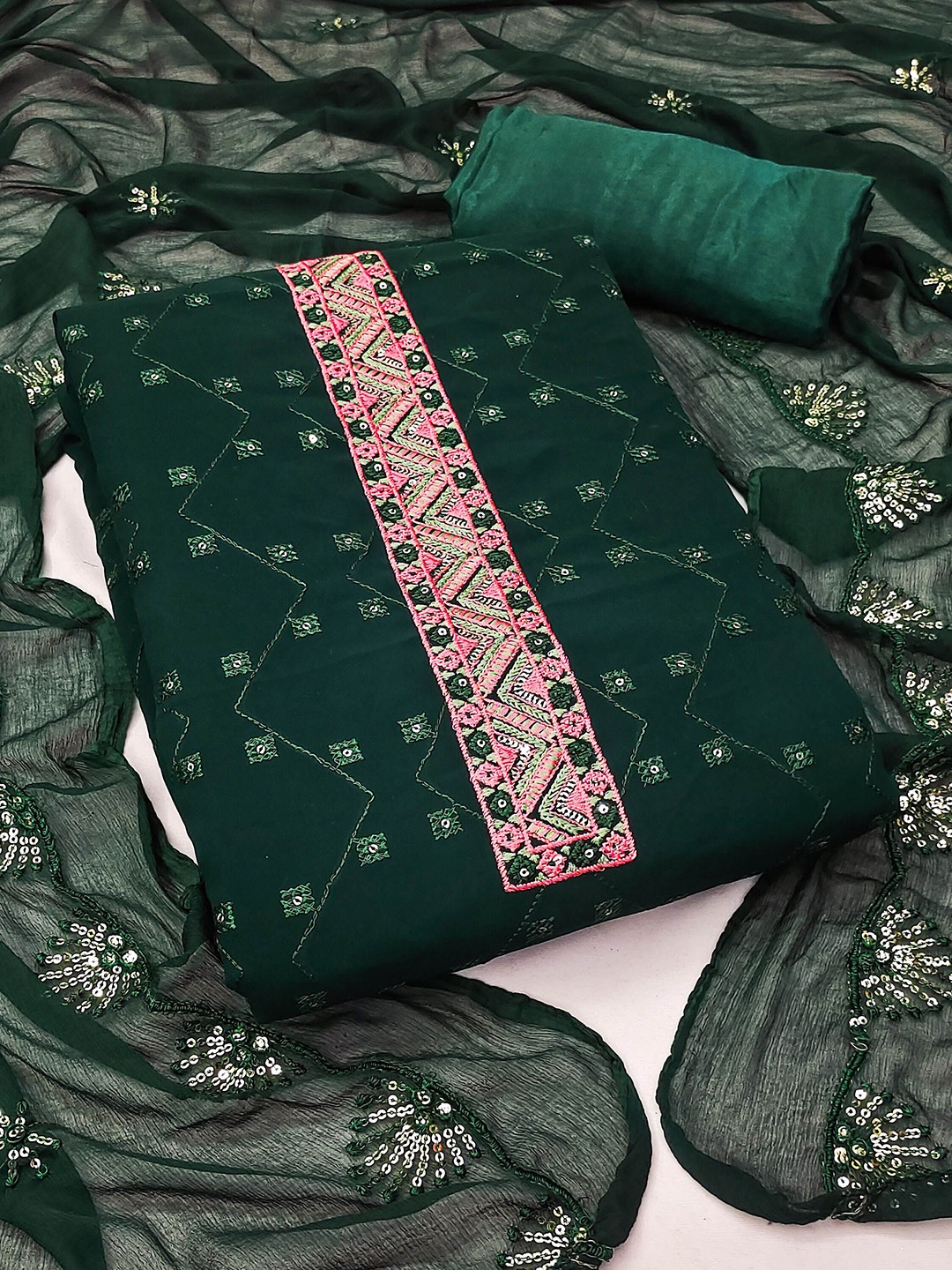

Maroosh Ethnic Motifs Embroidered Sequinned Unstitched Dress Material, Green