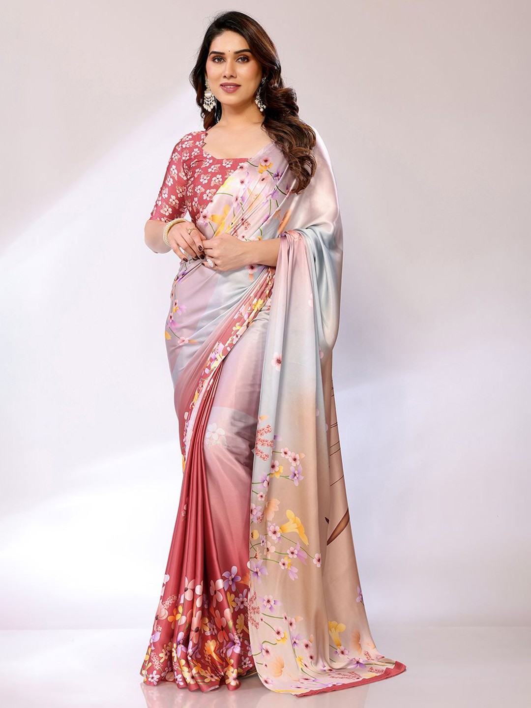 

FABMORA Floral Satin Saree, Cream