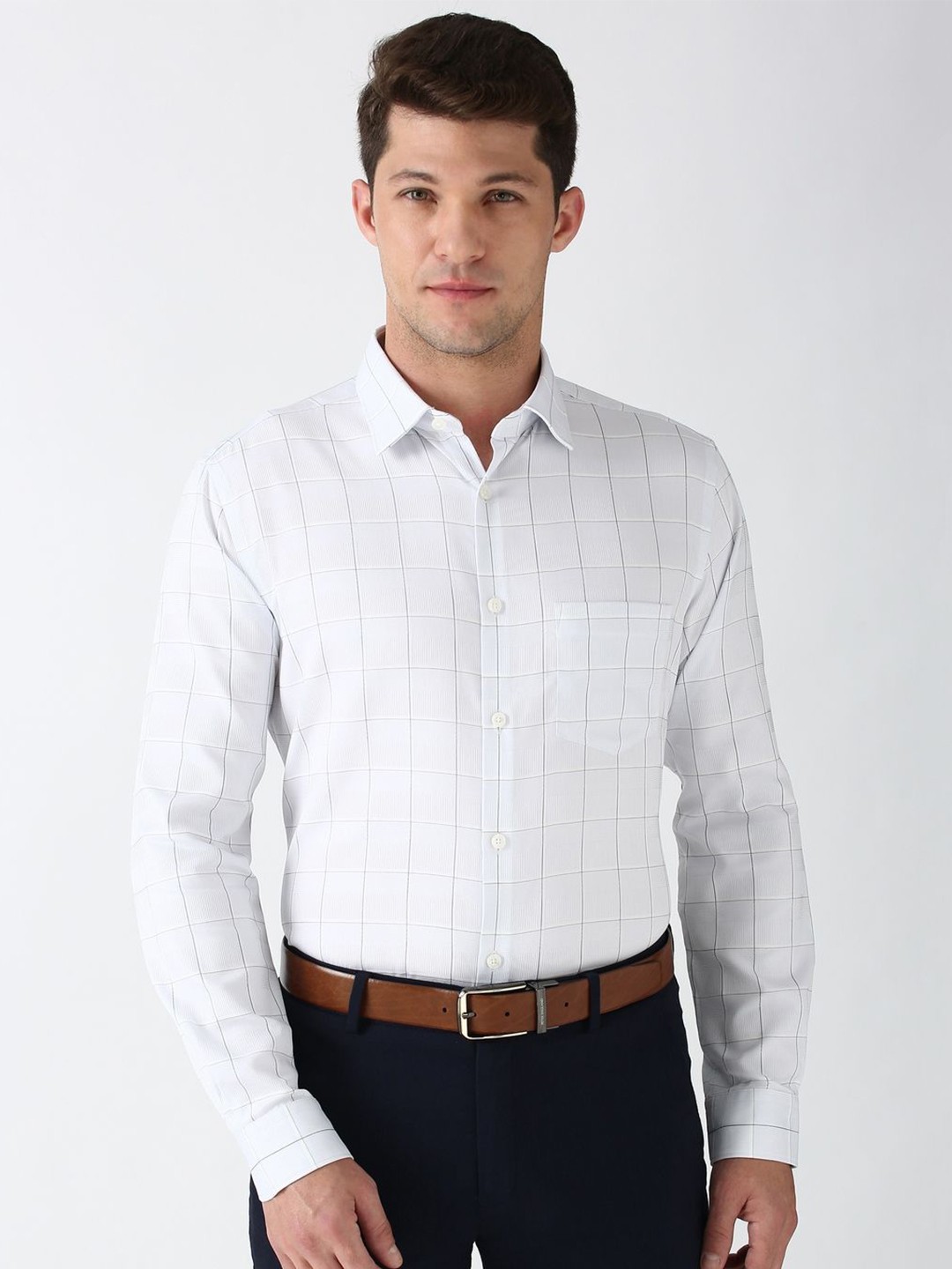 

Peter England Elite Men Opaque Checked Formal Shirt, Grey