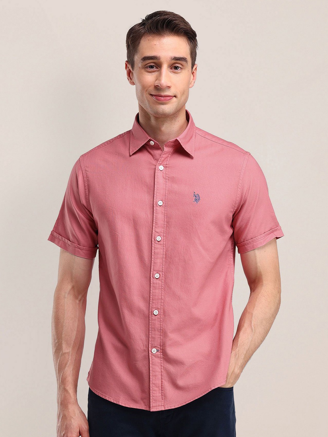 

U.S. Polo Assn. Men Modern Spread Collar Solid Cotton Slim Fit Casual Shirt, Pink