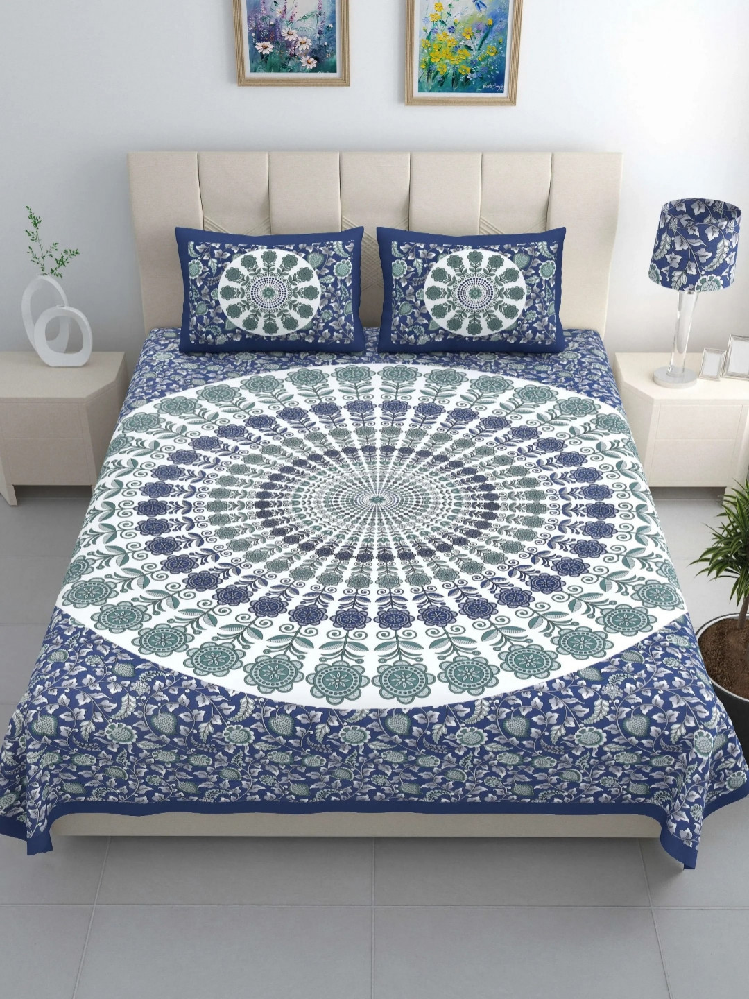 

LIVING ROOTS Blue & White Floral Cotton 210 TC King Bedsheet with 2 Pillow Covers