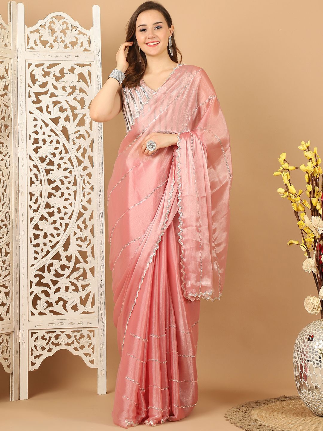 

Mitera Embellished Beads and Stones Organza Saree, Peach