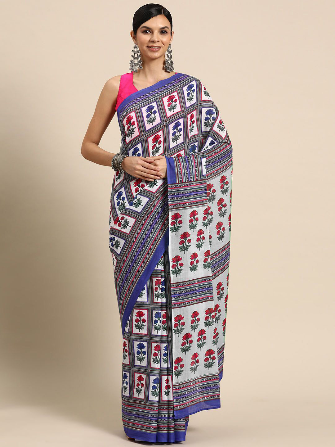 

BUTA BUTI Floral Pure Cotton Saree, Blue