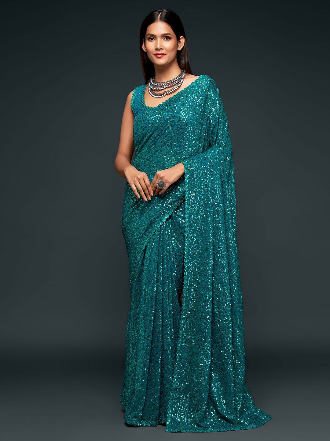 

ODETTE Embellished Embroidered Saree, Teal