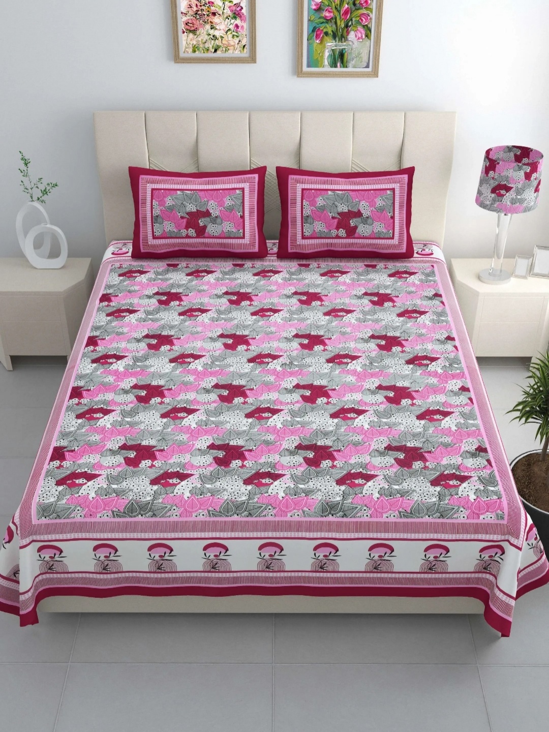 

LIVING ROOTS Grey & Pink Floral Cotton 210 TC King Bedsheet with 2 Pillow Covers