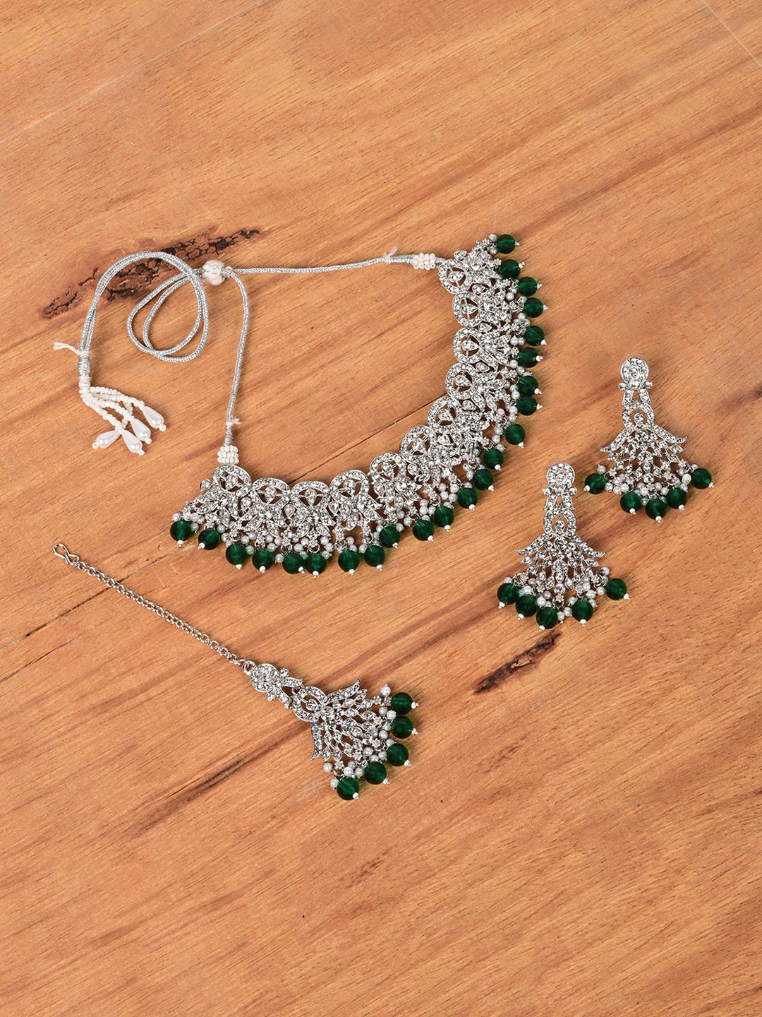 

Keviv Rhodium-Plated American Diamond-Studded & Beaded Jewellery Set, Silver