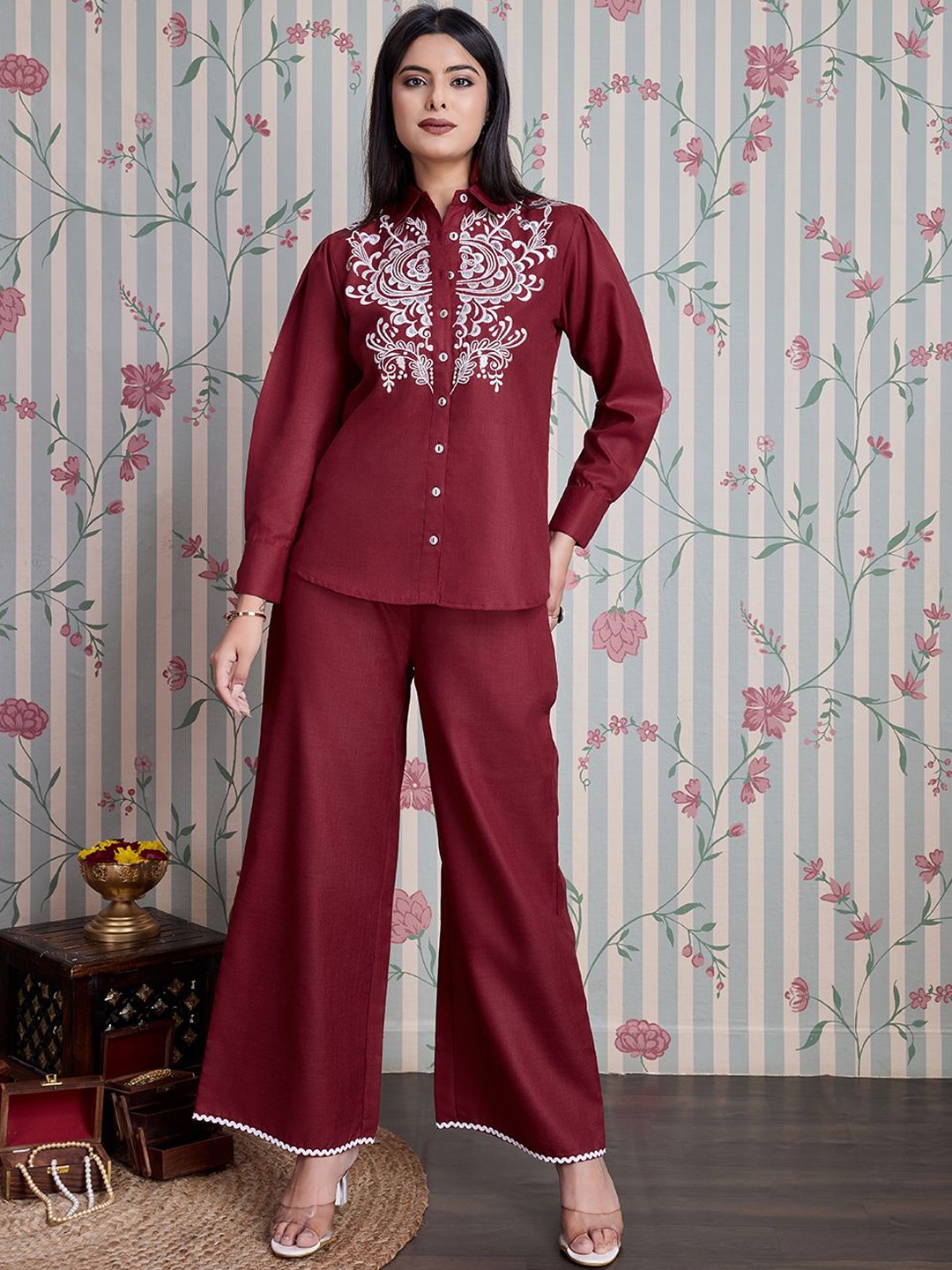 

Ode by House of Pataudi Embroidered Top & Palazzos, Maroon