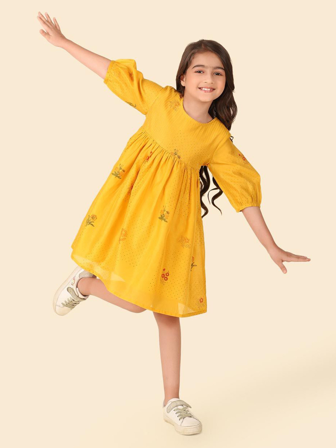 

Fabindia girls ethnic motifs puff sleeves printed fit and flare dress, Yellow