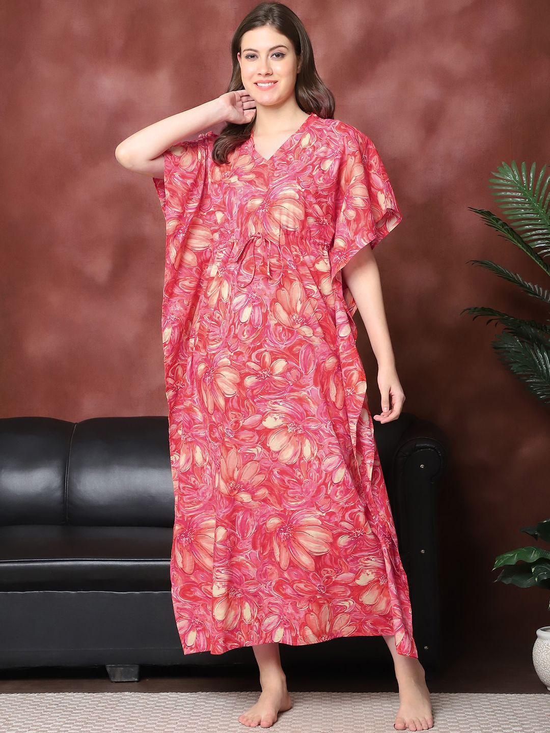 

Claura Women Printed Pure Cotton Kaftan Nightdress, Red