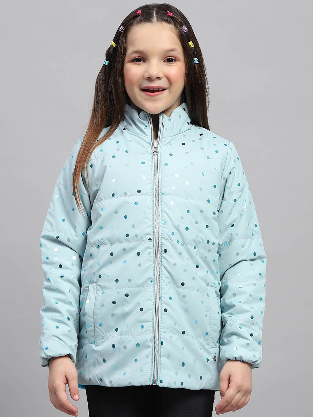 

Monte Carlo Girls Geometric Printed Mock Collar Quilted Jacket, Blue