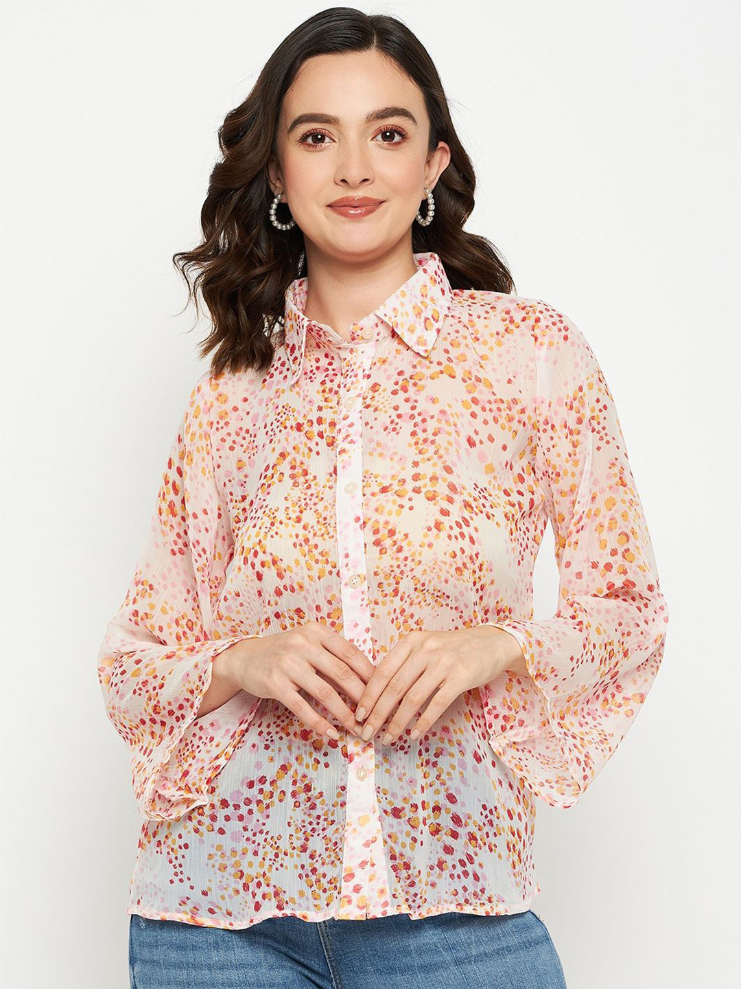 

Murcia Women Spread Collar Floral Printed Chiffon Casual Shirt, Cream