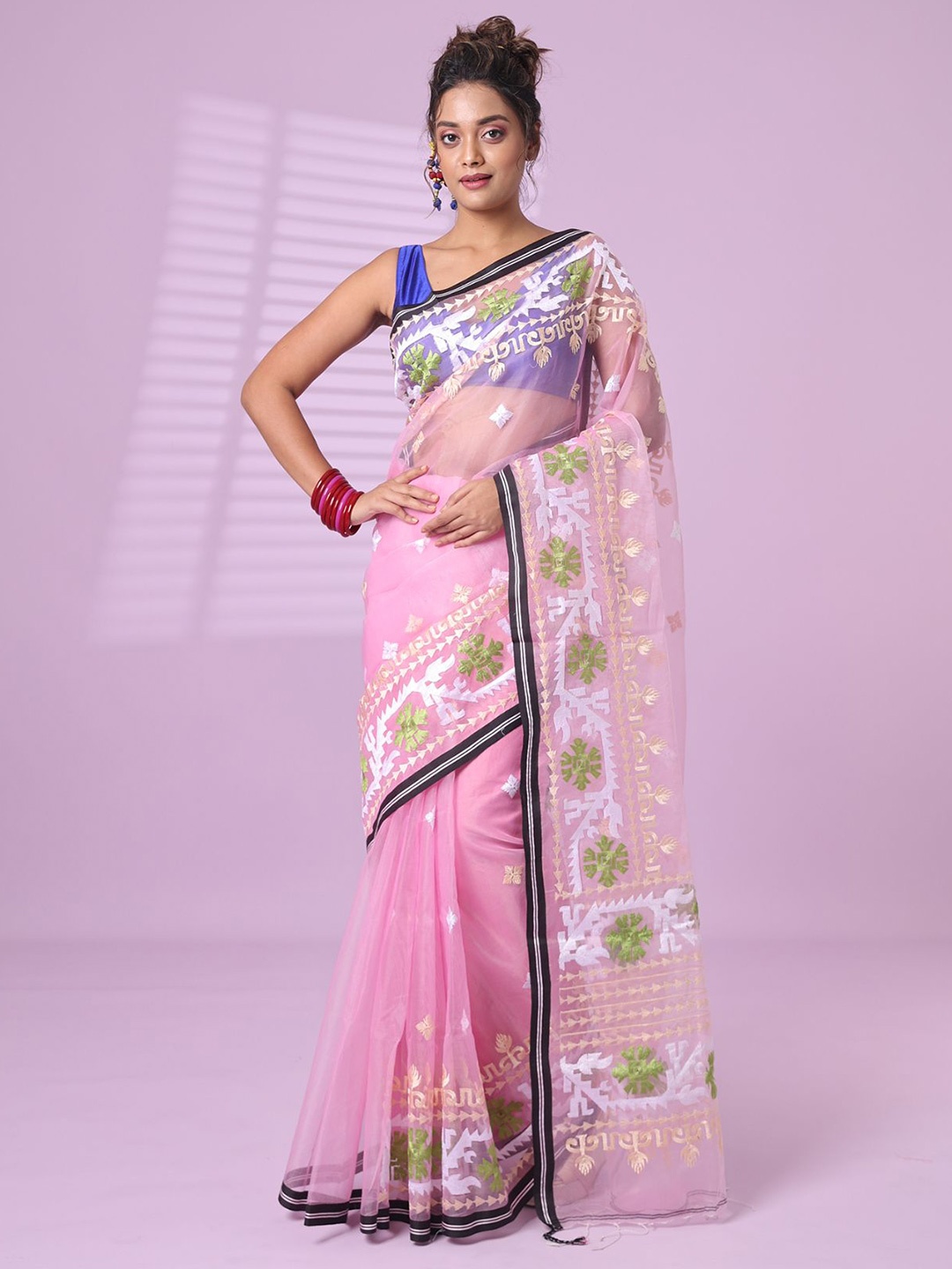 

Charukriti Ethnic Motifs Embroidered Pure Silk Saree, Pink