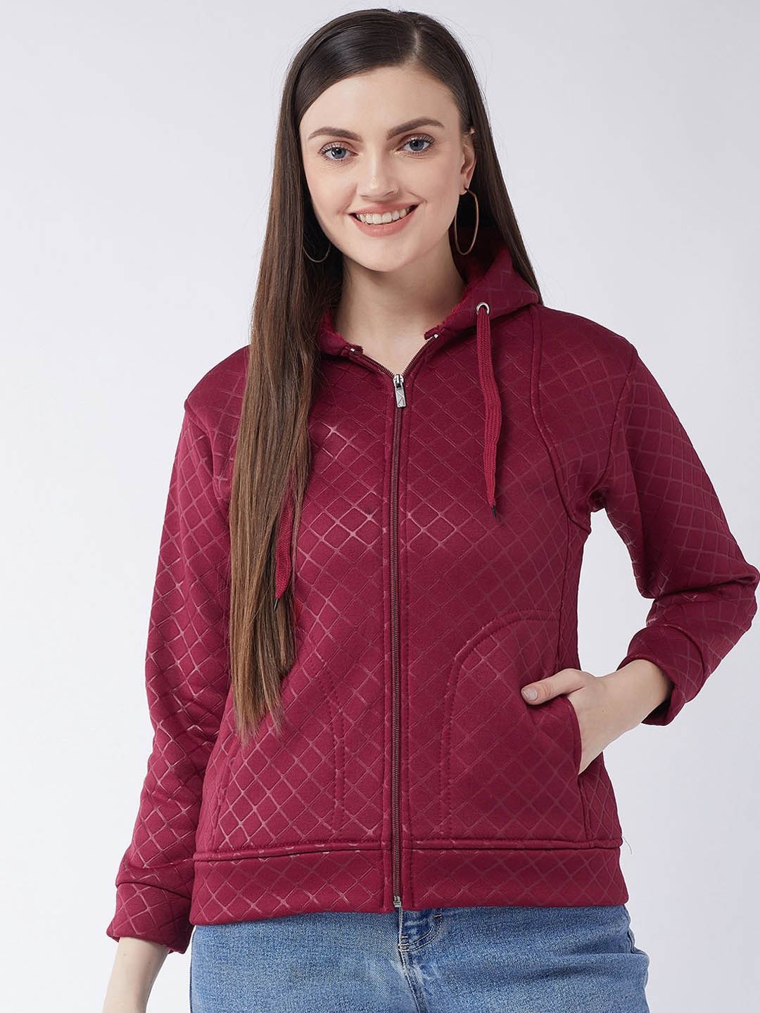 

PIVL Women Geometric Printed Windcheater Hooded Jacket, Maroon