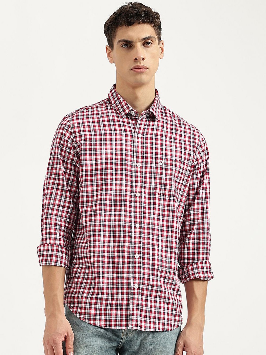 

United Colors of Benetton Men Spread Collar Gingham Checked Cotton Casual Shirt, Red