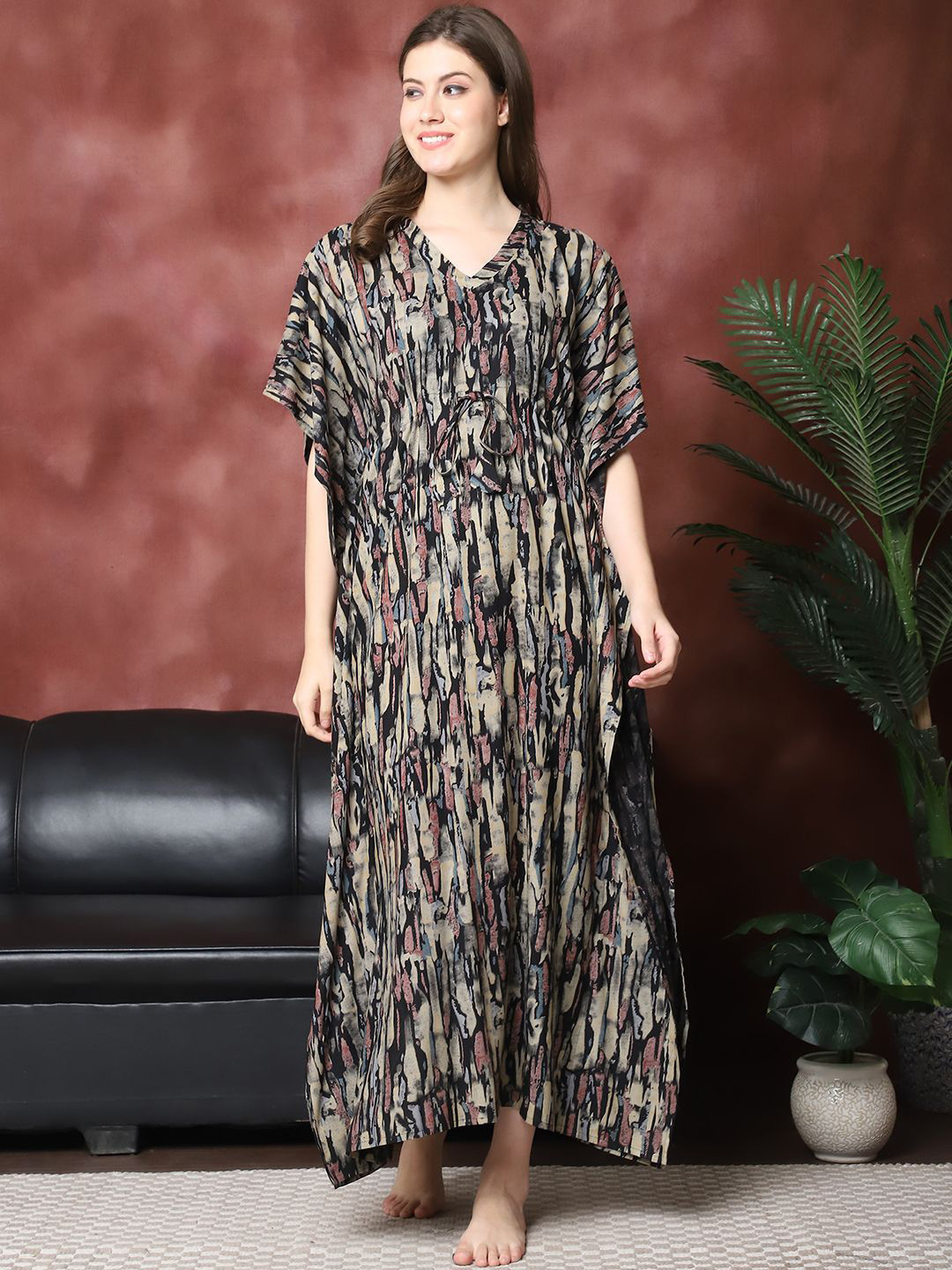 

Boston Club Women Printed Maxi Kaftan Nightdress, Black