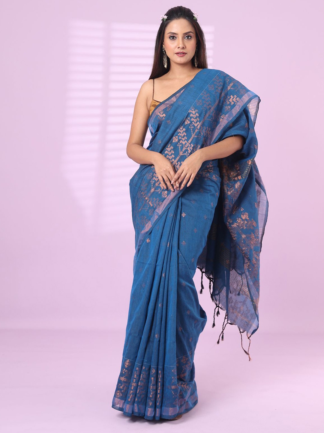 

Charukriti Ethnic Motifs Zari Pure Cotton Saree, Blue