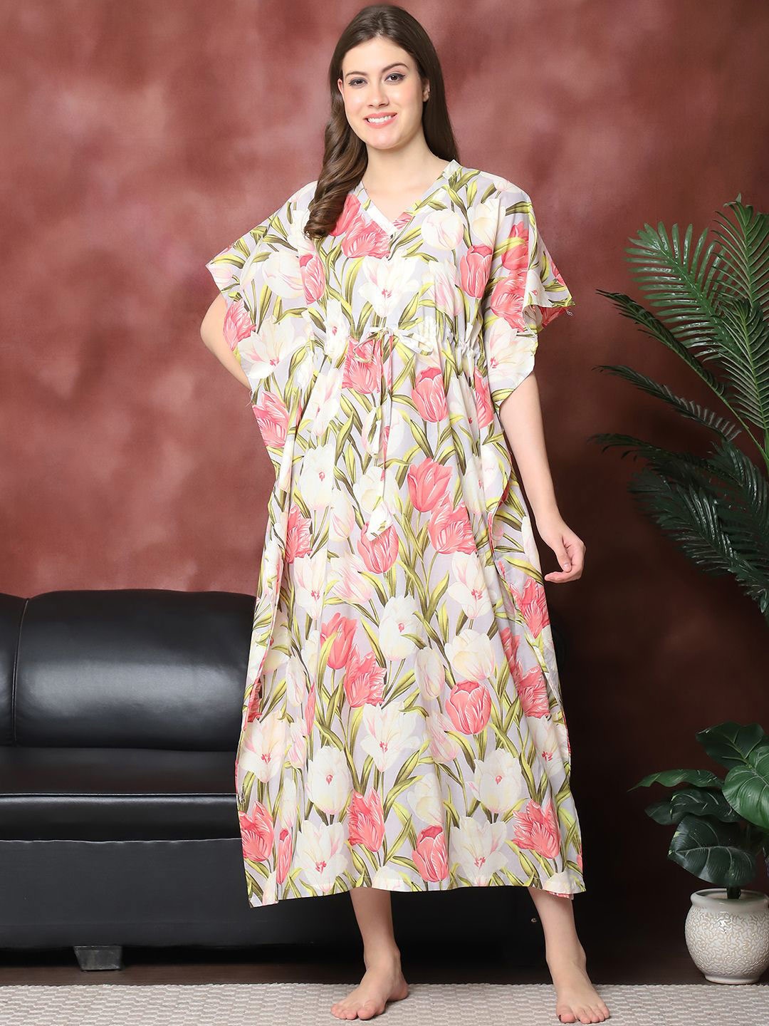 

Claura Women Printed Pure Cotton Kaftan Nightdress, White