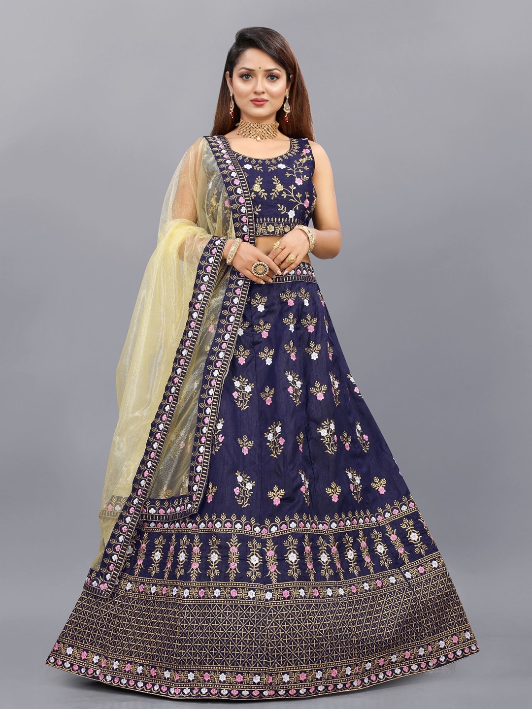 

APNISHA Embroidered Semi Stitched Lehenga & Unstitched Blouse With Dupatta, Navy blue