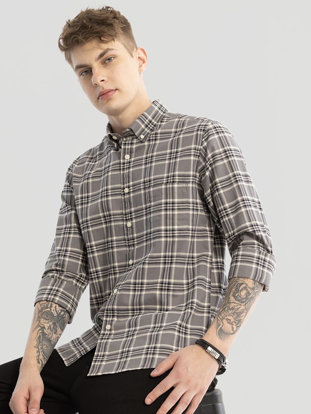

Snitch Men Smart Button-Down Collar Checked Cotton Slim Fit Casual Shirt, Brown