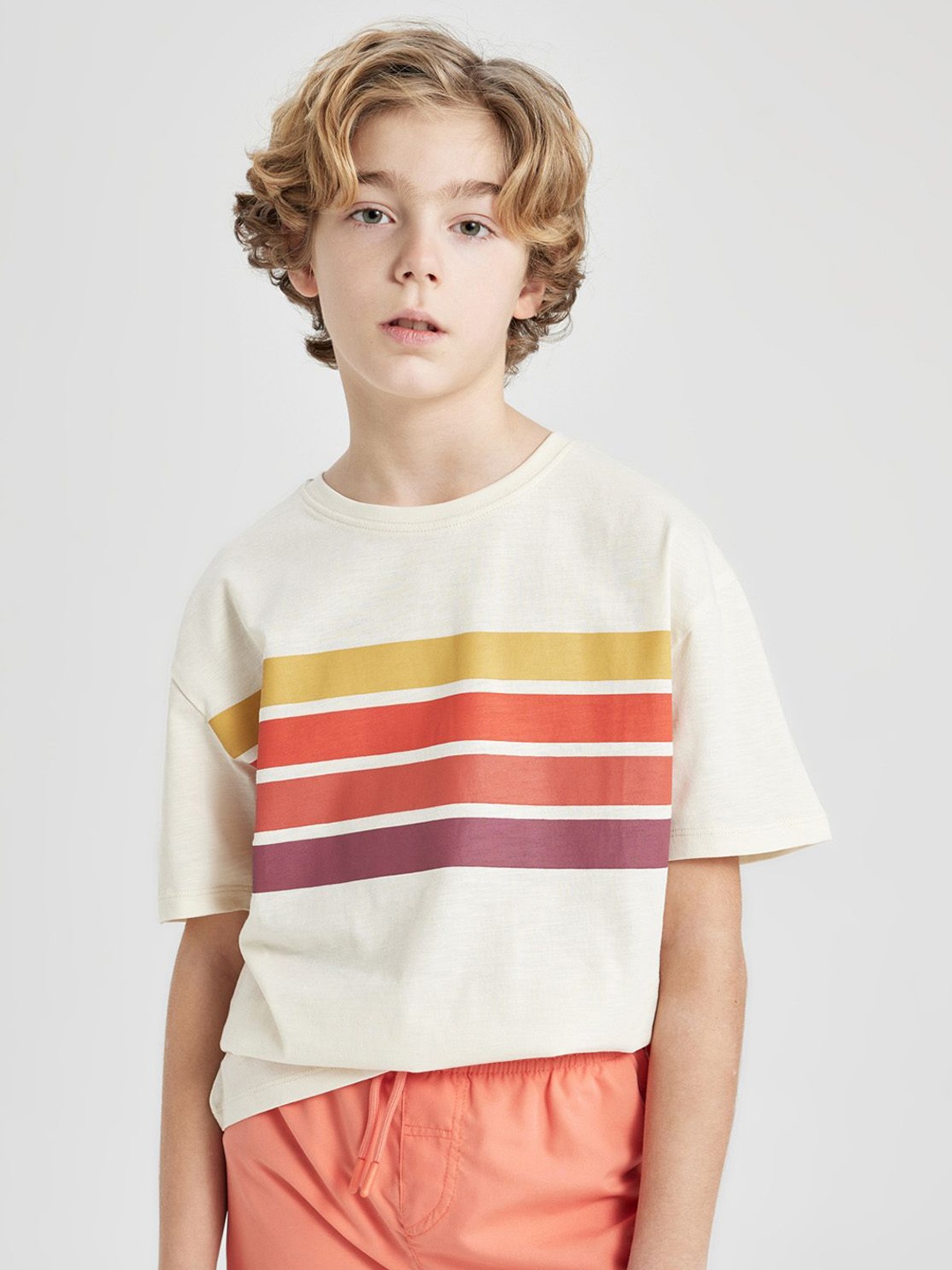 

DeFacto Boys Striped Round Neck Cotton T-shirt, White