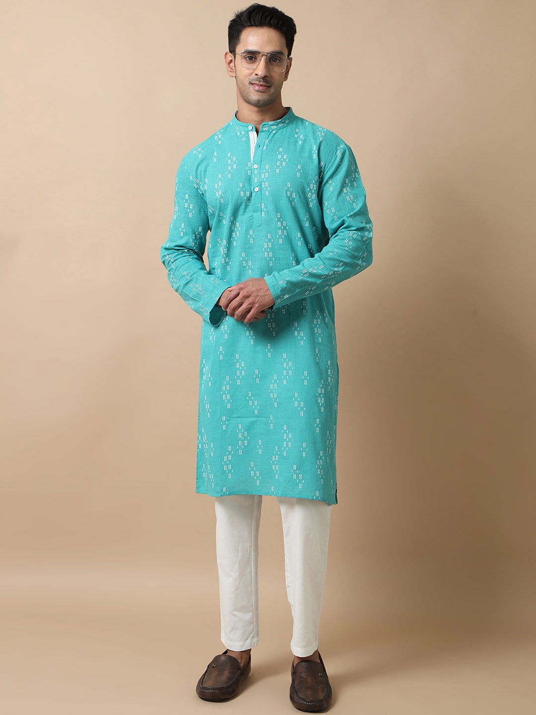 

FILORI Abstract Self Design Mandarin Collar Straight Kurta with Pyjamas, Teal
