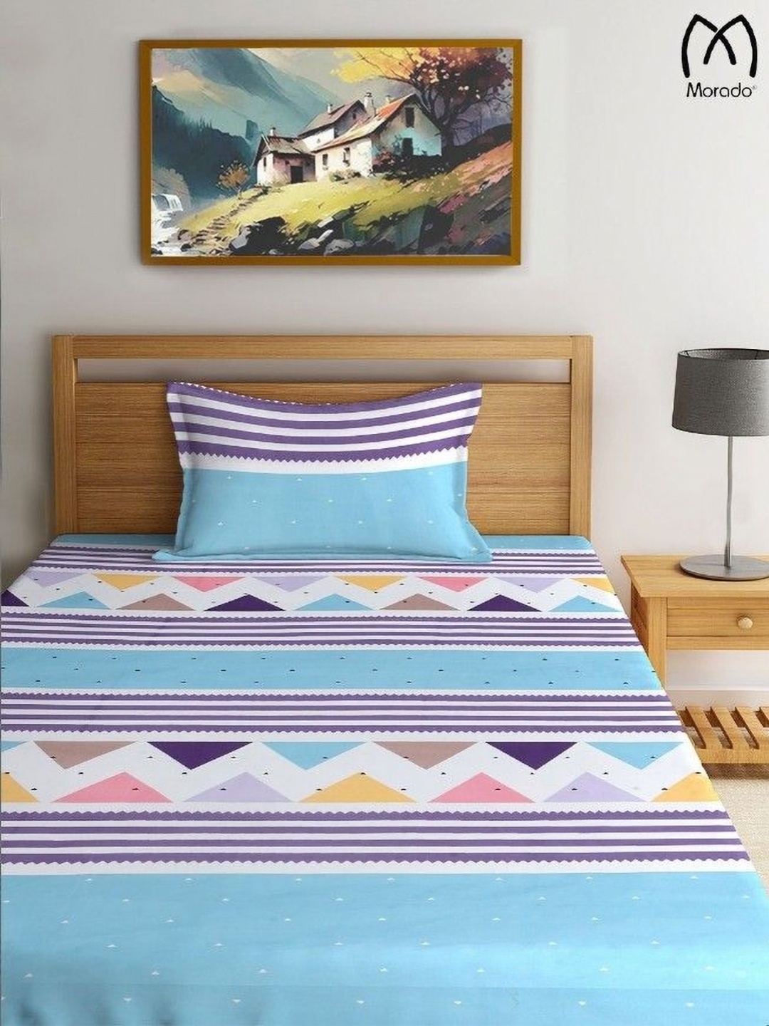 

MORADO Blue & White Geometric Printed 210 TC Single Bedsheet with 1 Pillow Cover