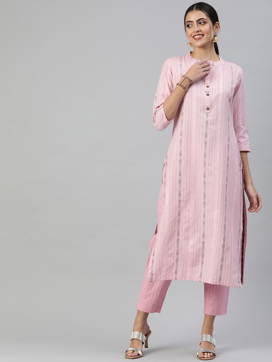 

KALINI Striped Mandarin Collar Thread Work Straight Kurta With Trousers, Pink