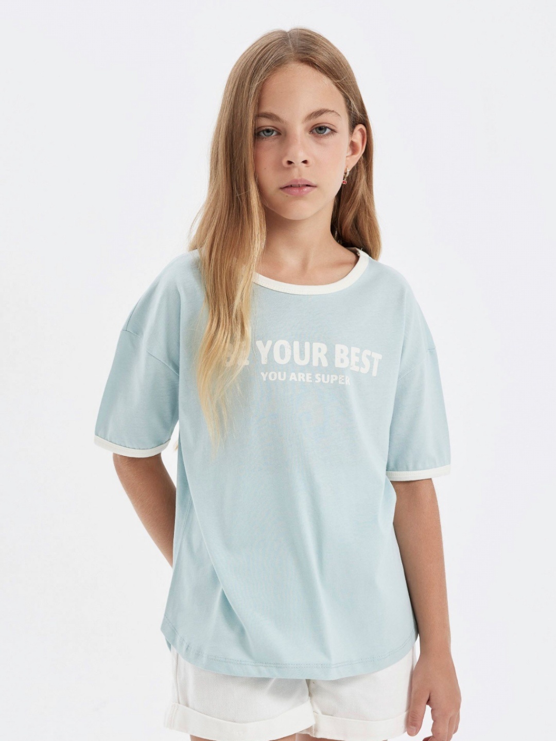 

DeFacto Girls Typography Printed Round Neck Cotton T-shirt, Sea green