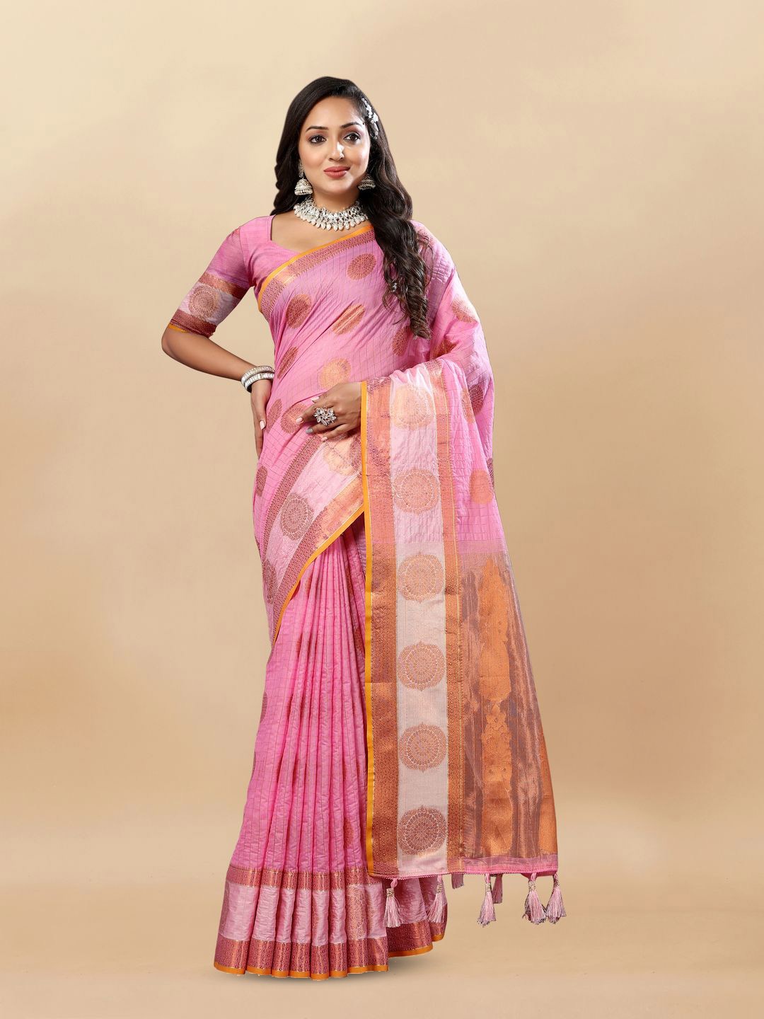 

MOKSHA DESIGNS Woven Design Zari Pure Linen Kanjeevaram Saree, Pink