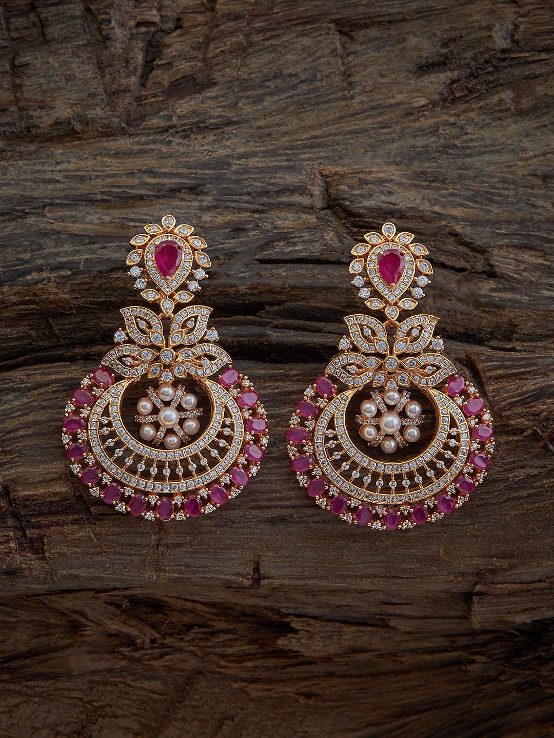 

Kushal's Fashion Jewellery Gold Plated Cubic Zirconia Studded Chandbalis, Red