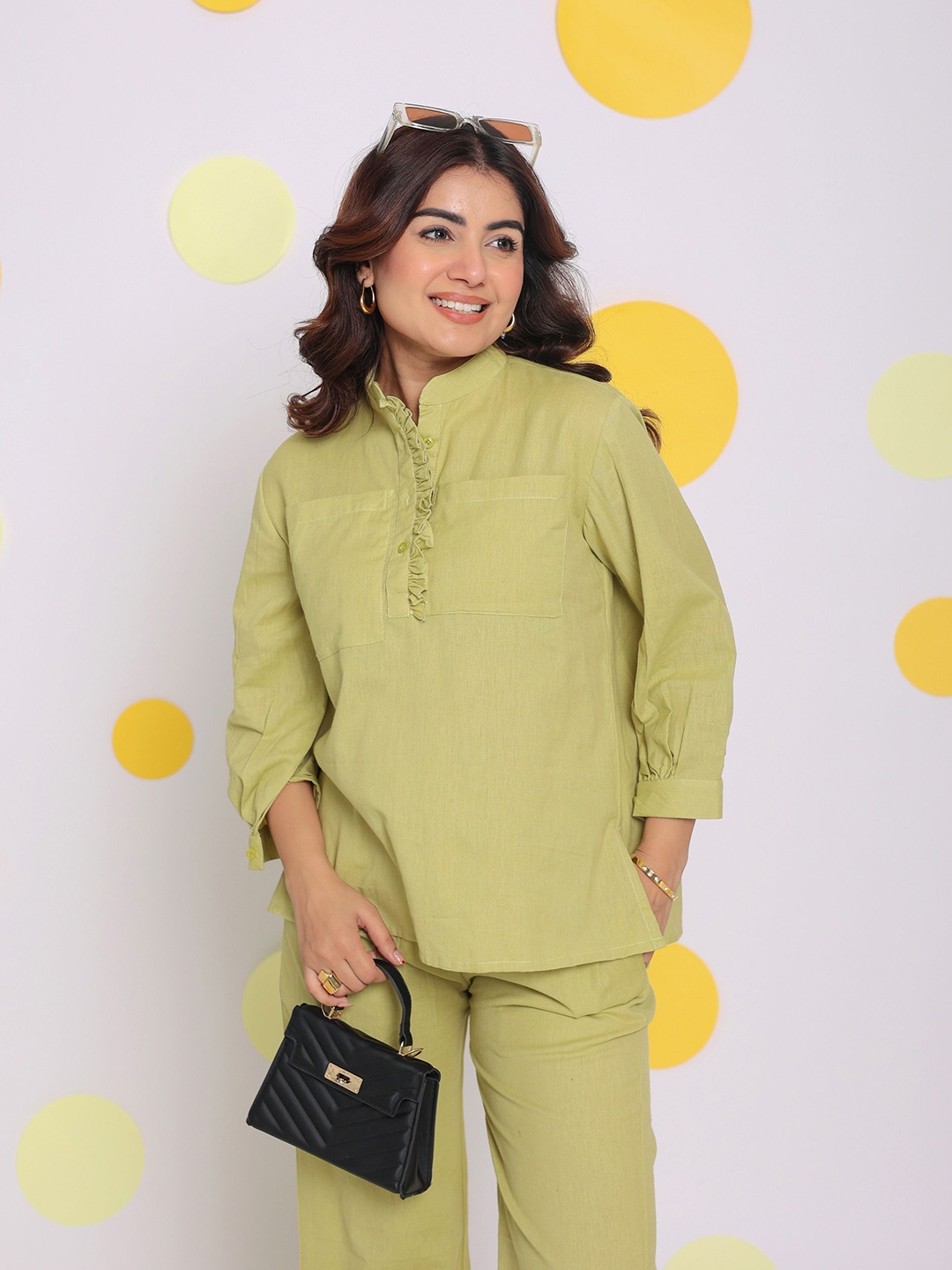 

KAORI BY SHREYA AGARWAL Women Modern Mandarin Collar Solid Linen Casual Shirt, Green