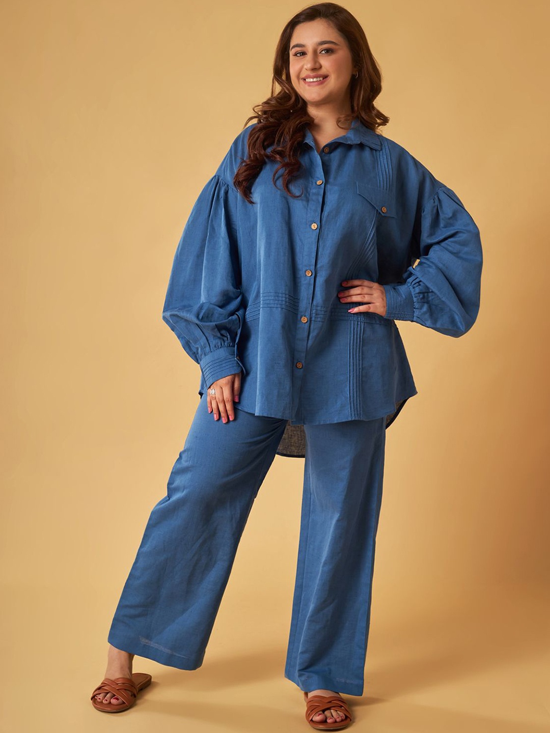 

Maisolos Long Sleeves Cotton Linen Pintucks Shirt With Trousers, Blue