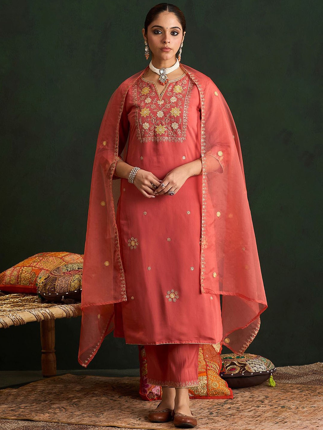 

Indo Era Orange Floral Embroidered Notch Neck Straight Kurta with Trousers & Dupatta